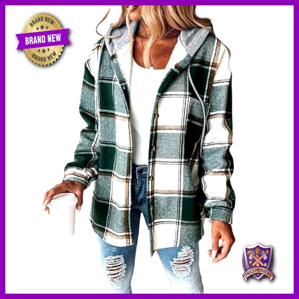 Lightweight Fleece Lined Shacket Plaid Hooded Jacket Casual Chic Oversized